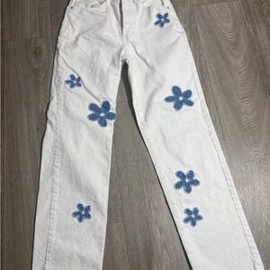 PacSun White Jeans with Blue Floral Design